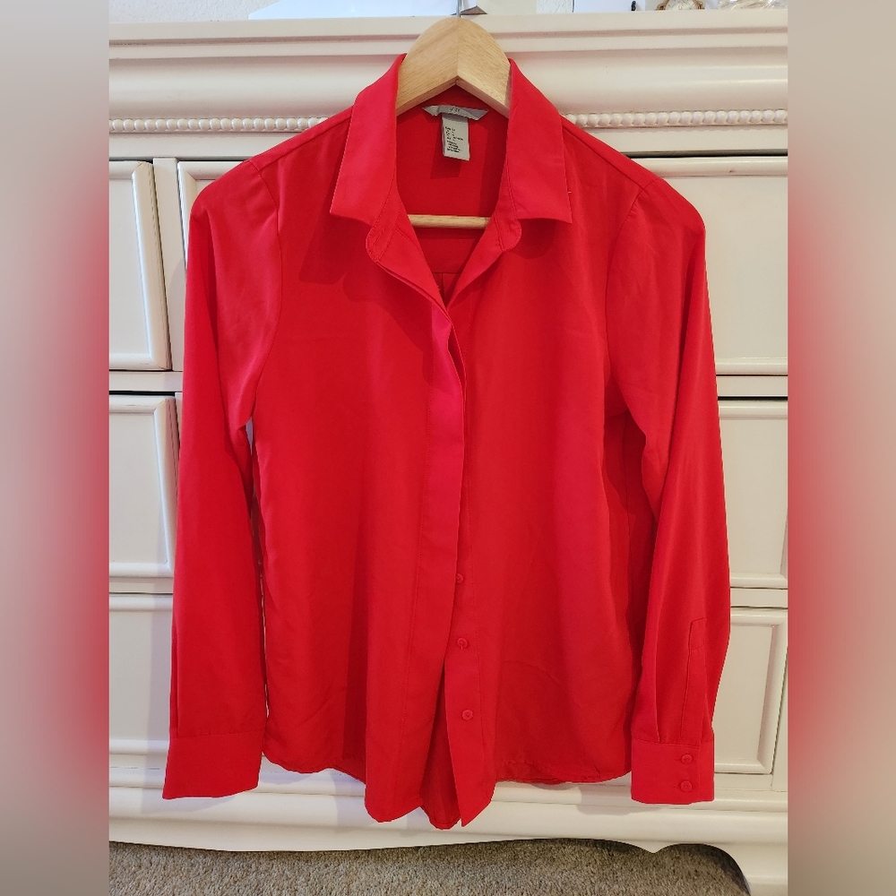 Solid Red long-sleeved blouse